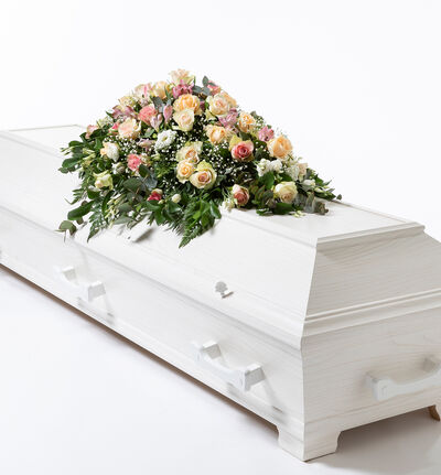 Kistedekorasjon i rosa og fersken 125 cm Kistedekorasjon i rosa og fersken 125 cm